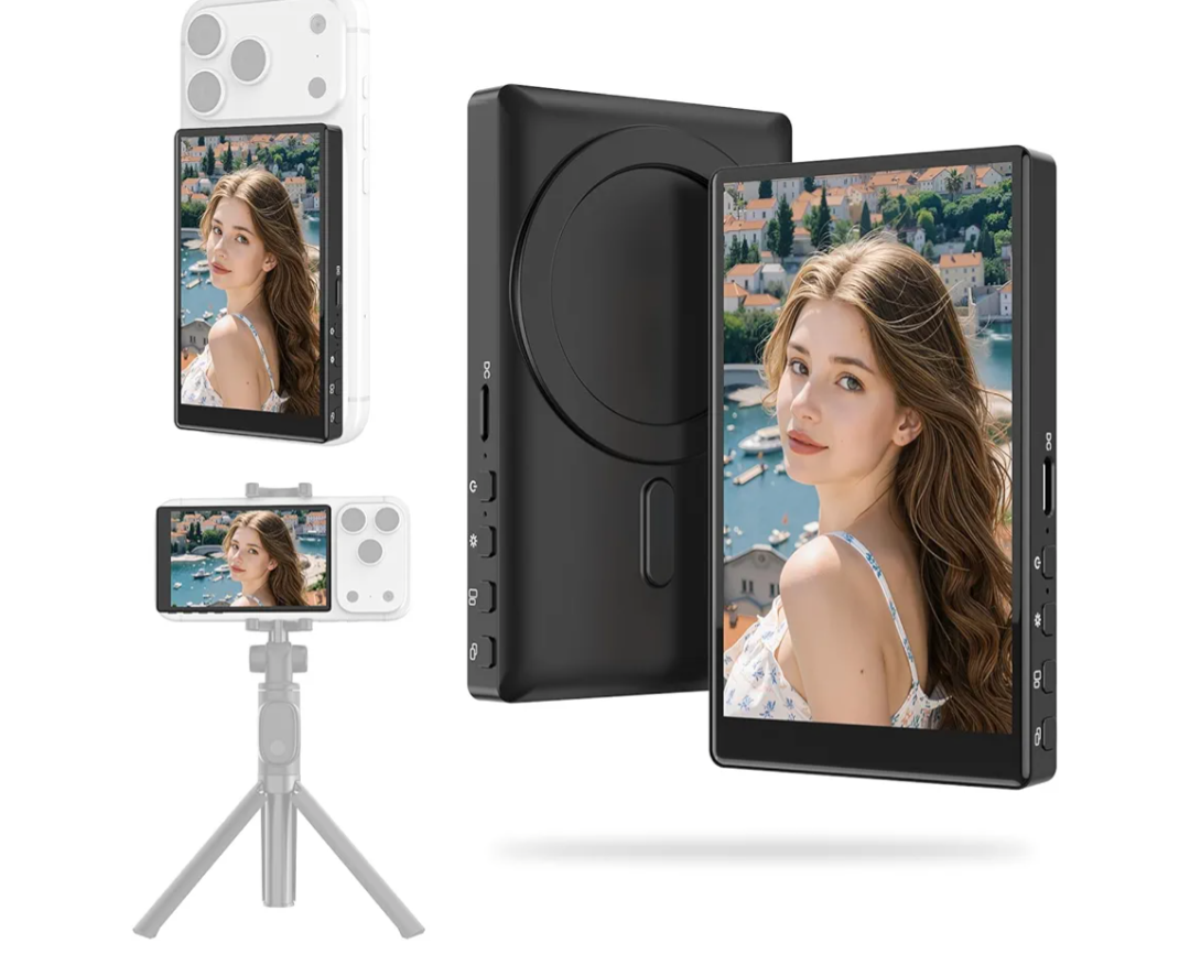 Vlog Screen Selfie Monitor,Wireless Mini Monitor for iPhone/Android Rear Camera with Magnetic Phone Clip Mount,Phone Rear Camera for Selfie Vlog Live Streaming on TikTok,YouTube,Instagram（Black）