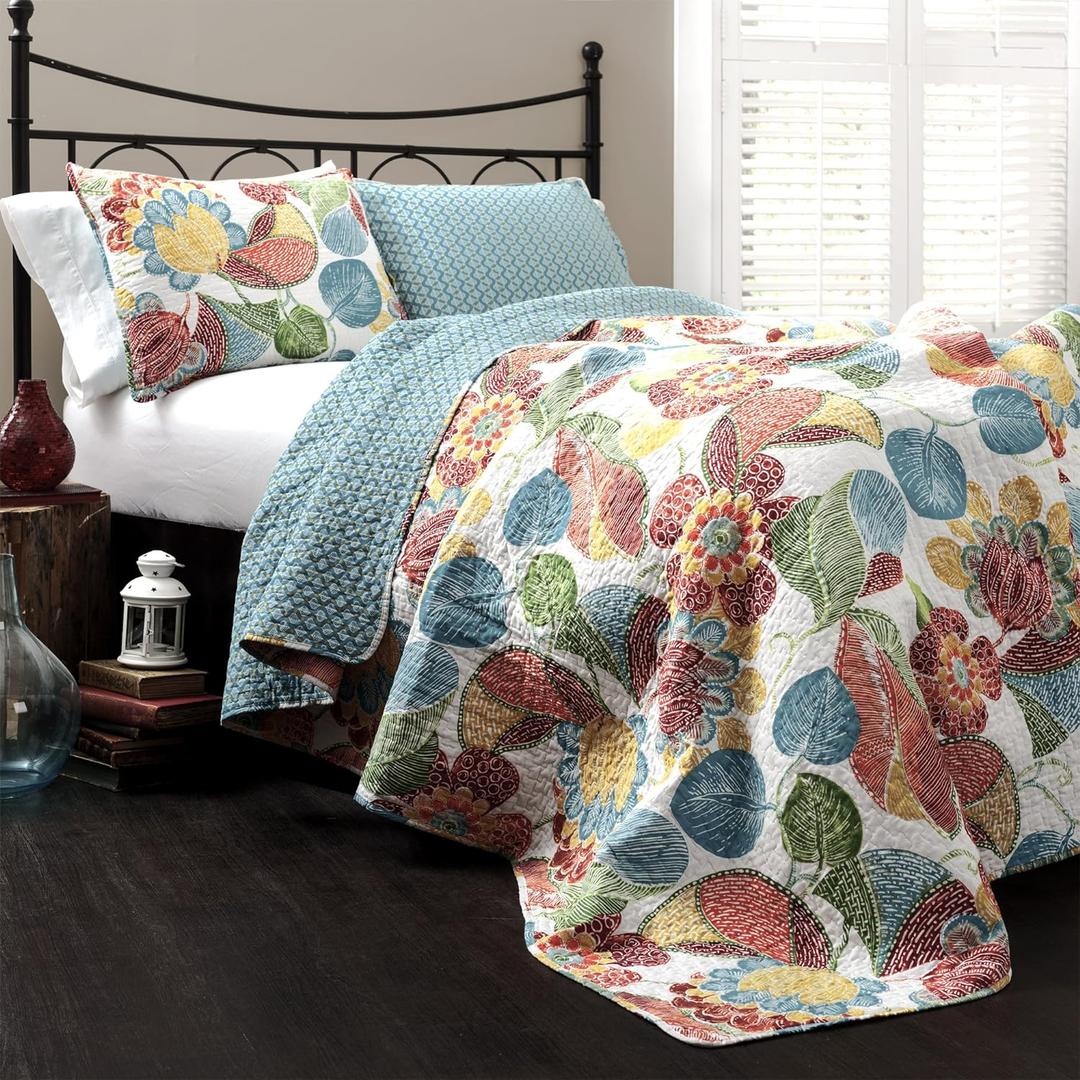 Lush Decor Layla Quilt Floral Leaf Print 3 Piece Reversible Bedding Set, King, Orange Blue