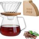 shoxil Pour Over Coffee Maker Set  Drip Coffee Pot with bamboo Handle, Glass Coffee Dripper & 100 Filters, 20oz/600ml Capacity (Square)