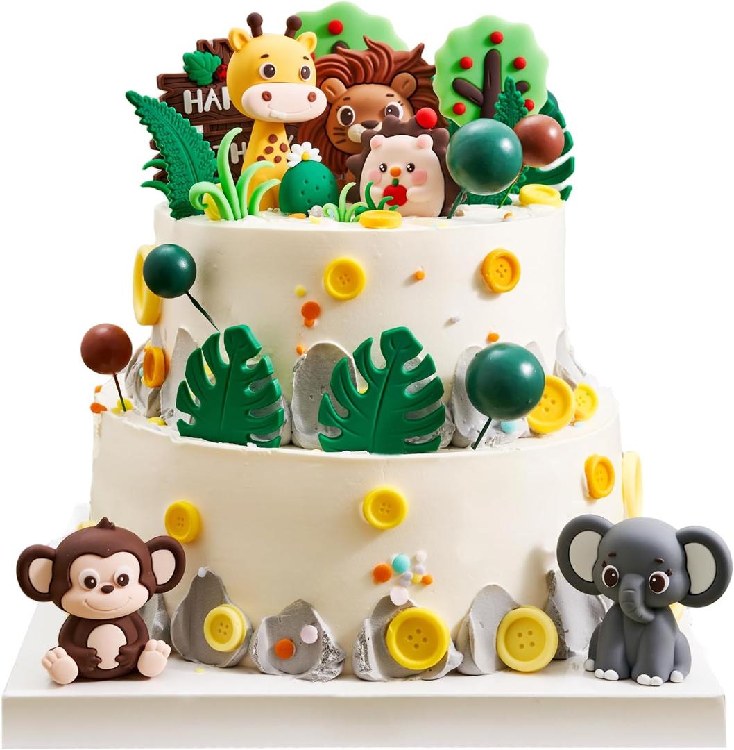 25PCS Jungle Safari Cake Toppers Set - 3D Zoo Animals Cake Toppers with Trees & Leaves, Wild One Birthday Decor for Jungle Theme Parties Supplies, Safari Cake Decorations
