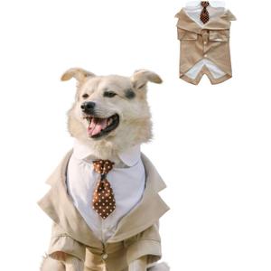 HDKUW Large Dog Wedding Shirt, Dog Tuxedo with Bow Tie, Dogs Wedding Formal Suit, Doggie Prince Gentleman Costume for Medium Large Dogs Khaki 7XL (7XL:Chest Girth 34"-37",Weigth 80-100LB)