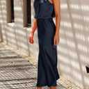 PRETTYGARDEN Women's 2026 Summer Satin Dress Elegant Sleeveless Mock Neck Cocktail Party Maxi Dresses (Dark Navy)