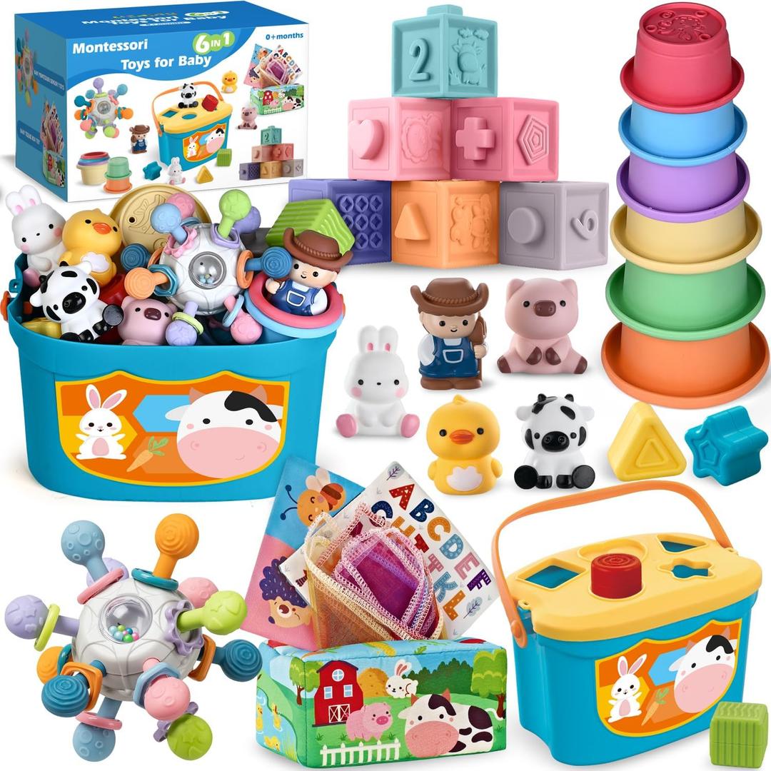 Baby Toys 6-12 Months, 6 in 1 Montessori Toys for 1 Year Old, Soft Infant Sensory Teething Toy, Stacking Cups & Blocks, Shape Sorter Blocks, Finger Puppets, Tissue Box Toy for Toddler 0-3-6-9-12 M+