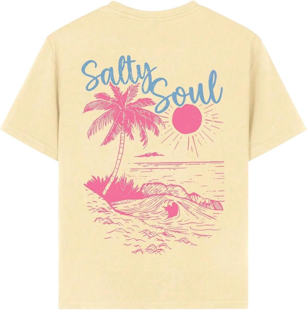 QJQ Girl's Cute Graphic T Shirts Short Sleeve Crewneck Tees Summer Trendy Preppy Tops Clothes (Beige)