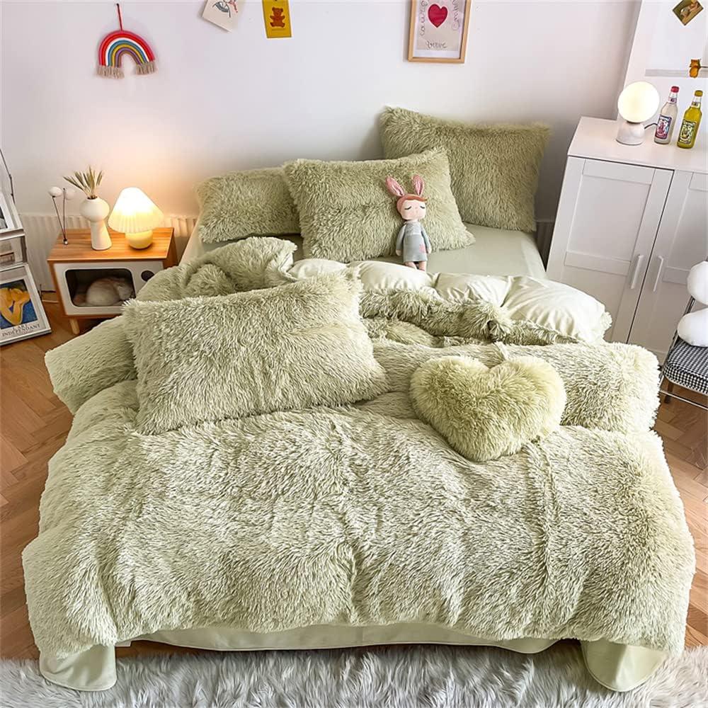 chovy Faux Fur Plush Light Green Comforter Sets Twin/Full Size - Ultra Soft Shaggy Flannel Velvet Fluffy Fuzzy 3PC Bedding Set Comforter x 1 Pillowcases x 2
