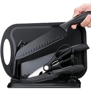 Magicorange 7-Piece Kitchen Knife Set - 5 Black Stainless Steel Knives with Sheaths, Cutting Board, and a Knife Block- Stainless Steel Kitchen Knives with PP Ergonomic Handle (Matte Black)