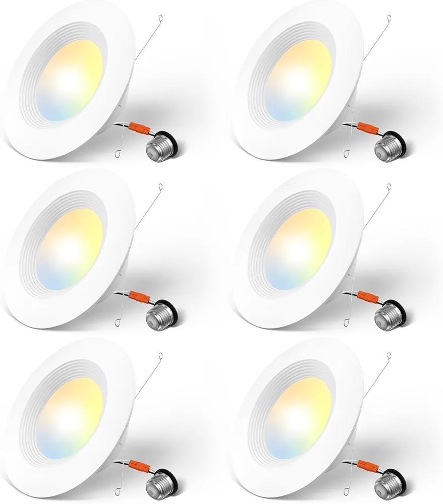 Amico 5/6 inch 5CCT LED Recessed Lighting 6 Pack, Dimmable, IC Rated, 12.5W=100W, 950LM Can Lights with Baffle Trim, 2700K/3000K/4000K/5000K/6000K Selectable, Retrofit Installation, ETL & FCC