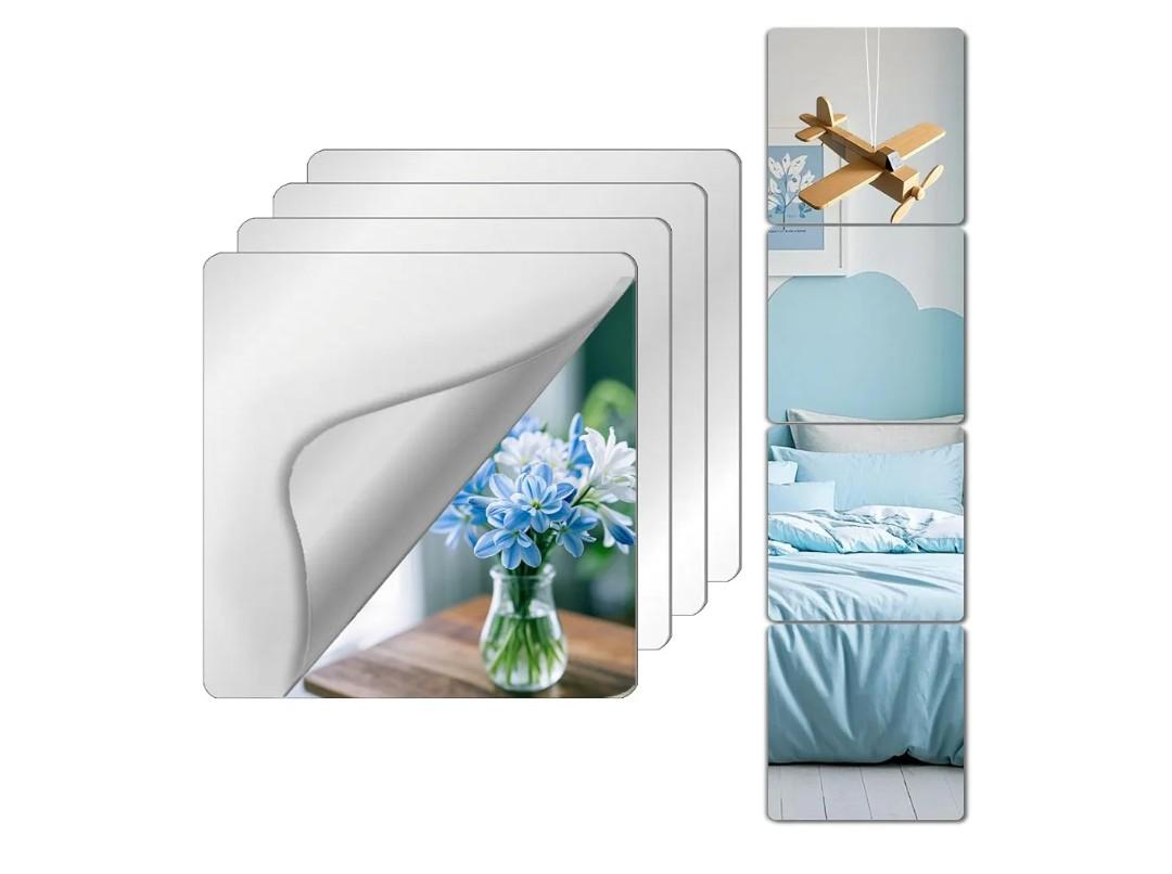Unbreakable Mirror Tiles, 4PCS 10”x10” Peel And Stick on Mirror for Wall Mirrors Decorative, Toddlers for Kids Bedroom, Plastic Gym Frameless Door Small Adhesive Mirrors for Classroom Decor Stickers