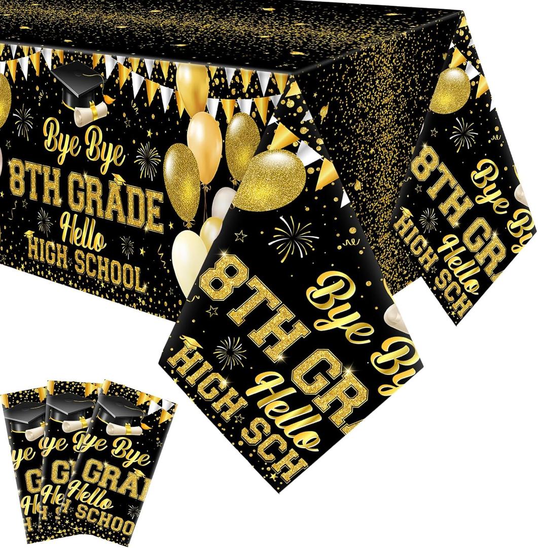 3 Pcs 8th Grade Graduation Tablecloth 54x108 Bye Bye 8th Grade Hello High School Tablecovers Plastic Congrats Grad Table Decor for Class of 2025 Graduation Party Supplies