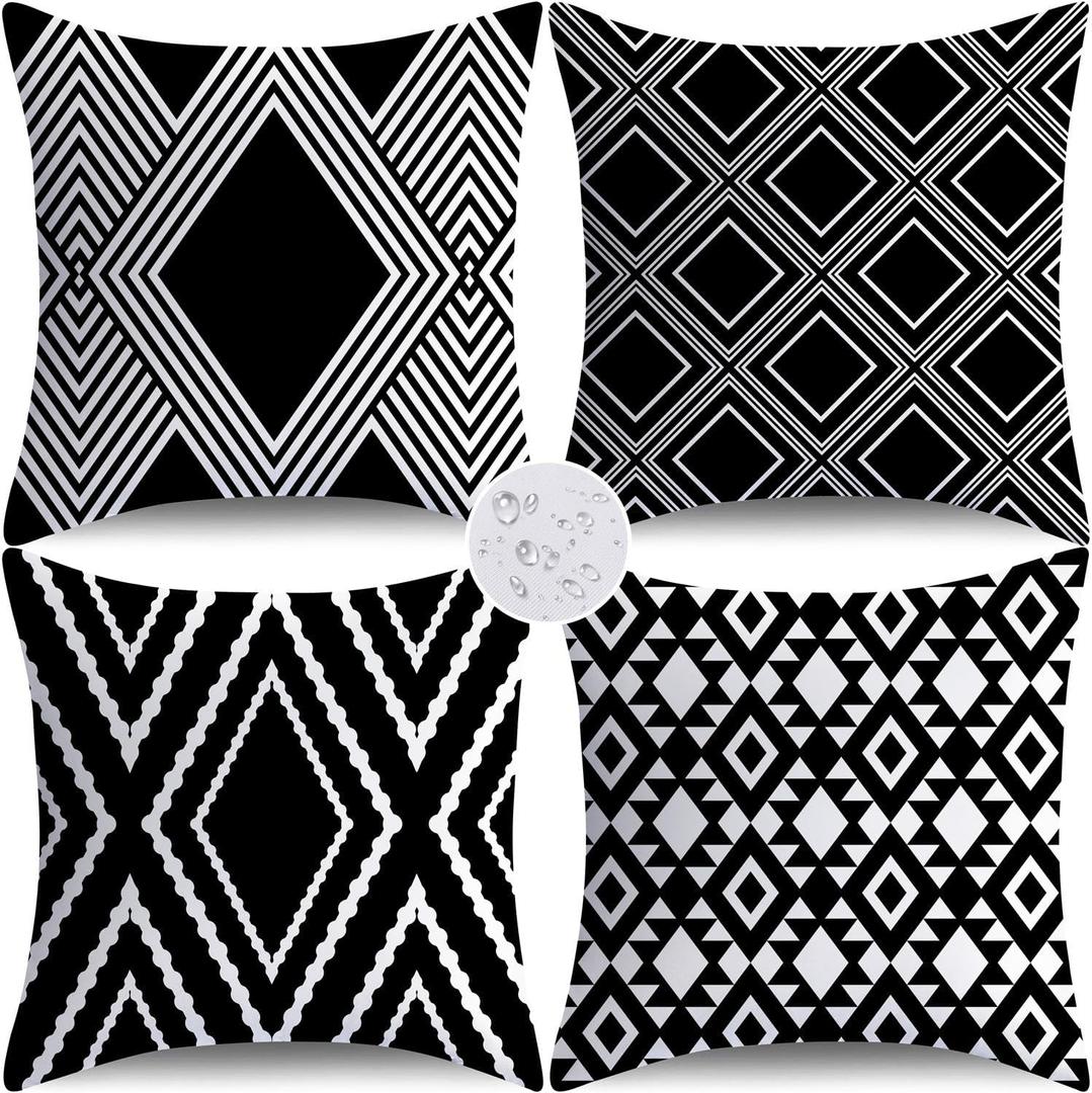 NIGHTWISH Outdoor Waterproof Pillow Covers 18x18 Set of 4 Black and White Modern Geometry Decorative Outdoor Throw Pillows Boho Cushion Cases for Patio Furniture Bench Couch Sunbrella
