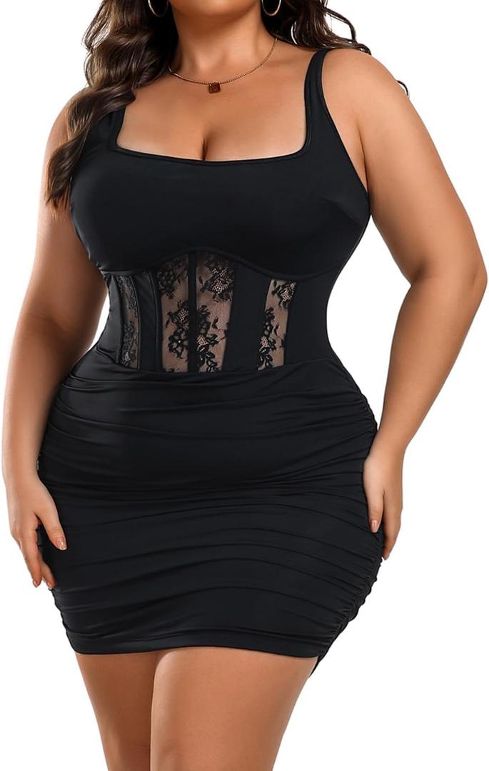 Womens Plus Size Sexy Ruched Bodycon Dress Sleeveless Square Neck Club Party Dresses (3X-Large Plus, Black)