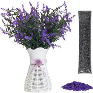 4-in-1 Scented Faux Lavender Vase Set - 4 Purple Artificial Flower Stems, Plastic Hollow Out Vase, Odor Absorbing Nano Mineral Crystal Beads, Lavender Scent Granules for Home Decor Air Refresh