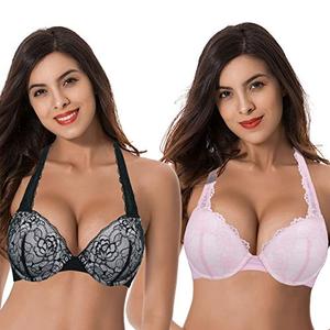 Curve Muse Women's Plus Size Add 1 and a Half Cup Push Up Underwire Convertible Lace Bras -2PK-Black,Pink-Size US 48C