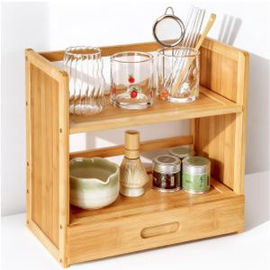 AIEVE Matcha Station Organizer, 2-Tier Bamboo Shelf with Hidden Drawer, Coffee Station Organizer Mug Holder Shelf for Matcha Whisk Set Bowl Cup Scoop Sifter