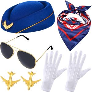 Bencailor 7 Pcs Christmas Women Flight Attendant Costume Accessories Stewardess Outfits Bellhop Hat Scarf Sunglasses Gloves (Royal Blue)