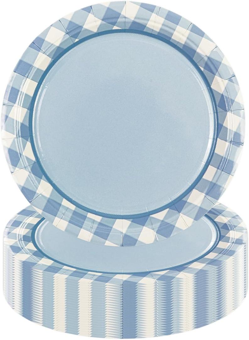 4 x 50PCS Blue Gingham Birthday Plates, 7 Inch Disposable Gingham Cake Plates Plaid Dessert Plates for Picnic Barbecue Baby Shower Wedding Birthday Party Decorations
