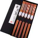 GLAMFIELDS Reusable Chopsticks Japanese Natural Wooden 5 Pairs Classic Style Lightweight Safe Chop Sticks 8.8 Inch/22.5cm Gift Set (Brown)