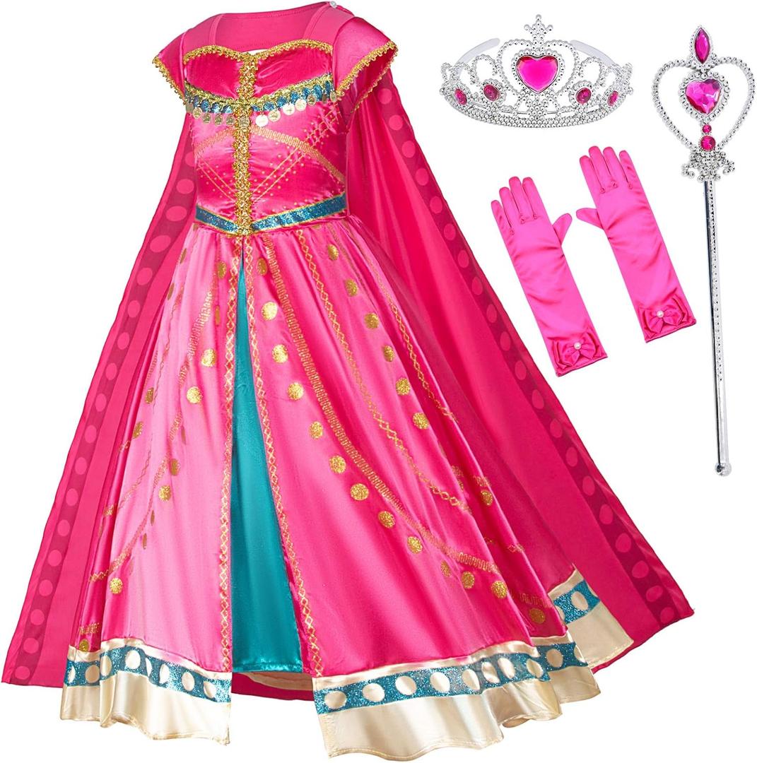 Arabian Princess Costume Dress for Little Girls Birthday Christmas, Halloween Party with Gloves, Crown, Wand Accessories, Size 130, 5-6 Years