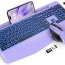 Wireless Keyboard and Mouse Backlits, Wrist Rest, LED Mouse, Rechargeable Ergonomic Keyboard with Phone Holder, Silent Light Up Combo for Computer, Mac, PC, Laptop, Chromebook (Purple)
