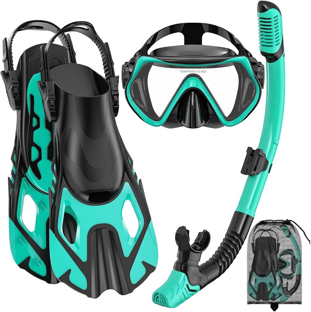 Snorkeling Gear for Adults, Mask Fin Snorkel Set, Dry Top Snorkel, Snorkeling Kit Travel Diving Package, Panoramic View Anti-Fog Anti-Leak (S/M)