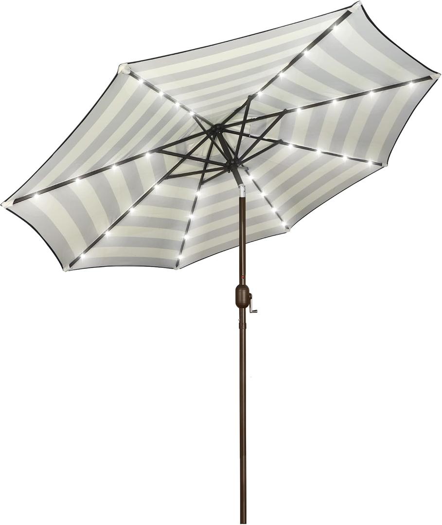 Blissun 9 ft Solar Umbrella, Patio Umbrella with 32 LED Lights, Table Market Umbrella, Outdoor Umbrella for Garden, Deck, Backyard, Black & Beige