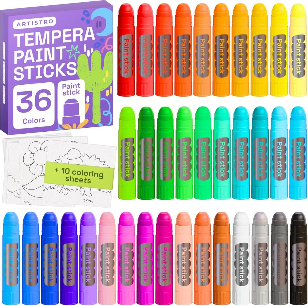 ARTISTRO 100% Washable Tempera Paint Sticks for Kids - 36 Non-toxic Paint Markers for Kids - Color Sticks with Twist Design, Coloring Pages Included
