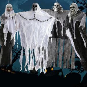 4 Pack Halloween Hanging Ghosts Skeleton Decorations, Grim Reaper with Chain Hanging Decor for Yard Patio Outside Lawn Garden Outdoor/Indoor