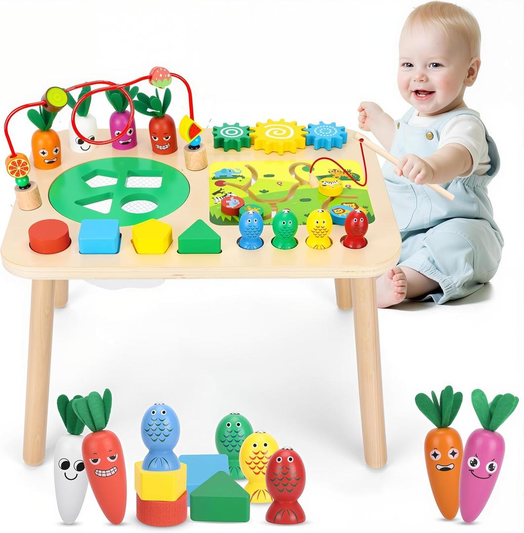 Activity Table, Montessori Toys for 1 2 Year Old Girls Boy Gifts, 7 in 1 Wooden Sensory Play Table for Toddler 1 2 3, Learning Toys for Baby 12-18 Months 1st Christmas Birthday Gifts