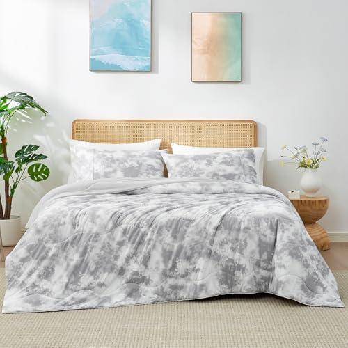 Cozy Bliss Cooling Comforter Set Twin Size, Double-Sided Cool Tech Cooling Blankets for Hot Sleepers and Night Sweats, Silk Smooth Summer Comforter with 1 Pillowcase, Tie-dye Gray
