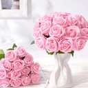 50 Pcs Pink Roses Artificial Flowers, Real Touch Velvet Roses Bouquet Fake Flowers Bulk, Artificial Roses with Long Stems for Birthday Gift Women Mom DIY Bridal Wedding Centerpiece Decorations