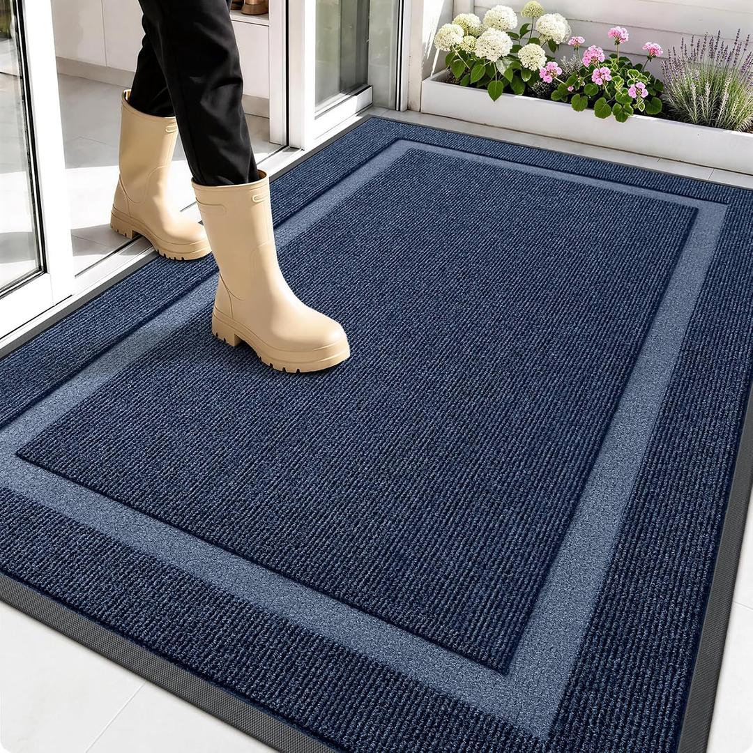 OLANLY Front Door Mat Indoor Outdoor Entrance, Waterproof All-Season, All-Weather Doormat, Sturdy Natural Rubber, Fade Resistant, Low Profile, Easy Clean Patio Porch Entryway Mat, 59x35, Blue