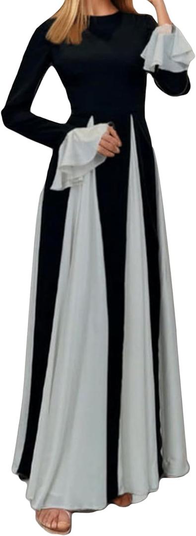 Kwunbwa Wedding Guest Dresses for Women Elegant Long Sleeve Patchwork Pleated Swing Long Dress Formal Maxi Dress, Small
