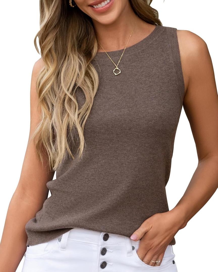 Arach&Cloz 2026 Womens Cashmere Tank Tops Summer Fall Sleeveless Vest Crew Neck Soft Sweater Cute Fashion Dressy Business Casual Outfits Knit Trendy Work Teacher Clothes Coffee Brown XL