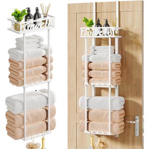HapiRm Towel Rack Bathroom Storage - 3 Tier Over The Door & Wall Mount Rolled Towel Racks Holder Organizer with Metal Shelf Basket and 6 Hooks for Small Bathroom (White)