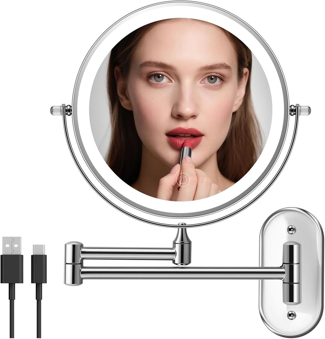 Rechargeable Lighted Wall Mounted Makeup Mirror, 8" Double-Sided Magnifying Mirror with Lights 20X, 3 Color and Switch Dimmable Shaving Mirror, 360 Rotation Foldable Bathroom Mirror, Chrome