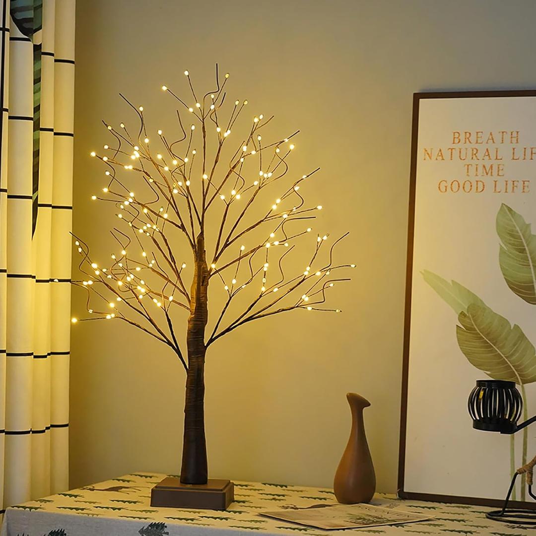 PXBNIUYA 144 LED Artificial Tree Lamp with Timer, DIY Birch Trees with LED Lights, Lighted Up Trees Lamp USB/Battery Powered, Fairy Light Spirit for Table Home Wedding Bedroom Christmas (Brown) (1ft 3in)