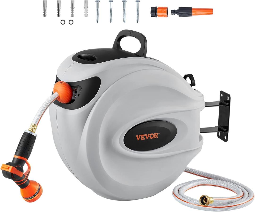 VEVOR Retractable Hose Reel, 100 ft x 1/2 inch, Garden Water Hose Reel with 9-Pattern Nozzle, 180 Swivel Bracket Wall-Mounted, Automatic Rewind, Lock at Any Length, with Slow Return System