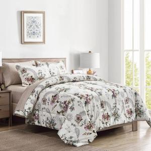 7 Pieces Bed in a Bag King Size, Beige Floral Style, Soft Microfiber Reversible Bed Comforter Set for All Season (1 Comforter, 2 Pillow Shams, 1 Flat Sheet, 1 Fitted Sheet, 2 Pillowcases)