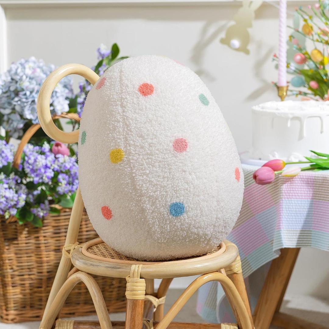 Ashler Easter Pillows, Egg Shaped Throw Pillow, White Spring Easter Decoration, Teddy Sherpa Egg Pillow with Colorful Polka Dots Embroidery, Easter Eggs Decor for Bedroom, Living Room, Couch, 14x11 in
