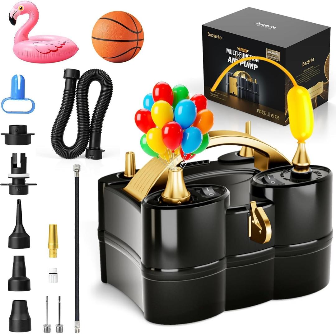 Bezente Balloon Pump Electric, 3-in-1 Portable Black Gold Electric Air Machine Balloon Pump Dual Nozzle Balloon Inflator for Inflatables and Latex 260q Foil Balloons