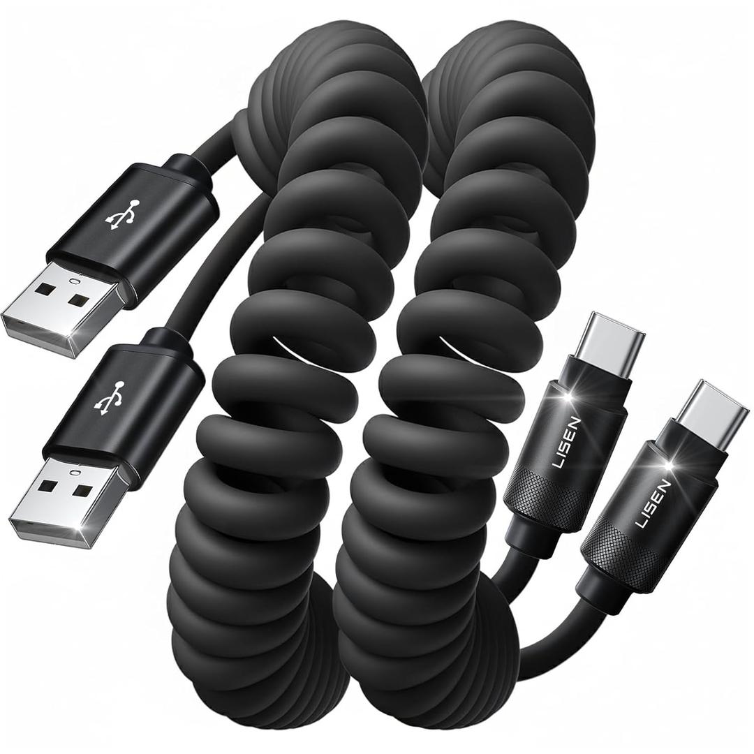 LISEN Coiled USB C Cable, 2 Pack for Android Auto & CarPlay Cable, Short USB A to USB C Cable C Gifts for Men Women compatible with iPhone 17/16/15, Samsung Galaxy S25/S24/S23 A15/A14, Space Black 4FT