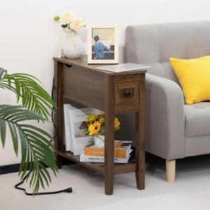 End Table with Movable Top and Charging Station, Narrow Side Table with Storage Cabinet and USB, Sofa Table for Living Room Bedroom (Walnut)