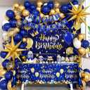 Blue and Gold Birthday Decorations, Blue Gold White Foil Balloons Happy Birthday Banner Blue Tablecloth Backdrop for Happy Birthday Decorations for Men