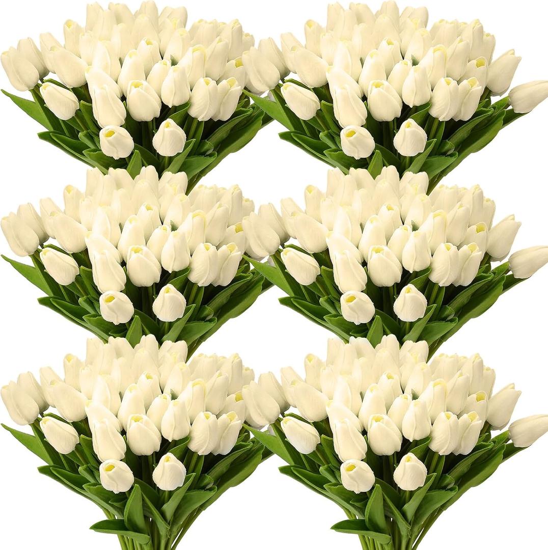 Janinka 100pcs Artificial Tulip Flowers Fake PU Tulips Faux Latex Bouquet Flower Centerpieces Arrangement Floral for Mother Day Wedding Spring Decorations (Milk White)