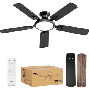 TCL 52" Low Profile Ceiling Fan with Light, Slim, Black, Flush Mount, DC Reversible Motor, 6 Speeds, Remote Control, Noiseless, Dimmable, LED Light, 3CCT, Modern Matte Black Ceiling Fan for Bedroom