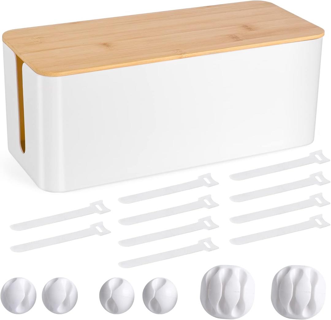 Cable Management Box - Wooden Style Cord Organizer Box to Hide Wires & Power Strips | Desk Computer Cable Organizer Box | Safe ABS Material | 12.6" (L) x 5.3" (W) 4.9" (H) | for Home & Office - White (Medium)