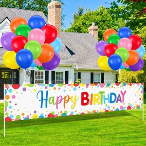 VitalCozy Large Colorful Happy Birthday Yard Banner Sign with Balloons 118 x 19.7 Inches Happy Birthday Yard Party Backdrop Banner for Outdoor Indoor Party Decorations with 2 Roll Ribbon(White)