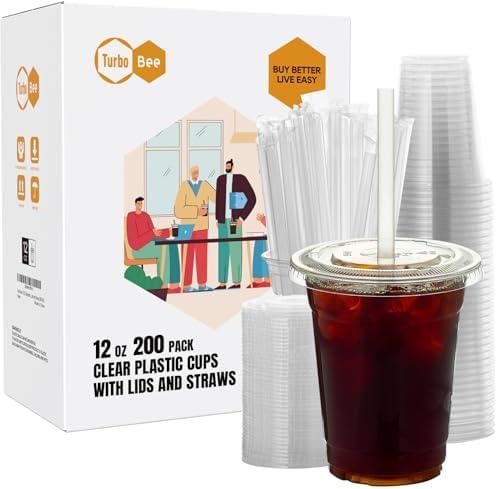Turbo Bee 150 Sets 12 OZ Clear Plastic Cups with Lids and Straws, Disposable To Go Iced coffee cups with lids for Cold Drinks, Smoothie, and Slushie