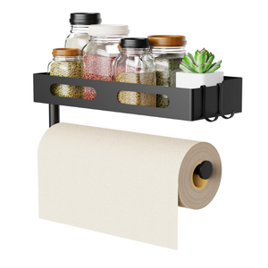 Paper Towel Holder Wall Mount for Kitchen, Paper Towel Holder with Shelf for Bathroom, RV Paper Towel Rack, Spice Rack with 2 Hooks,Matte Black