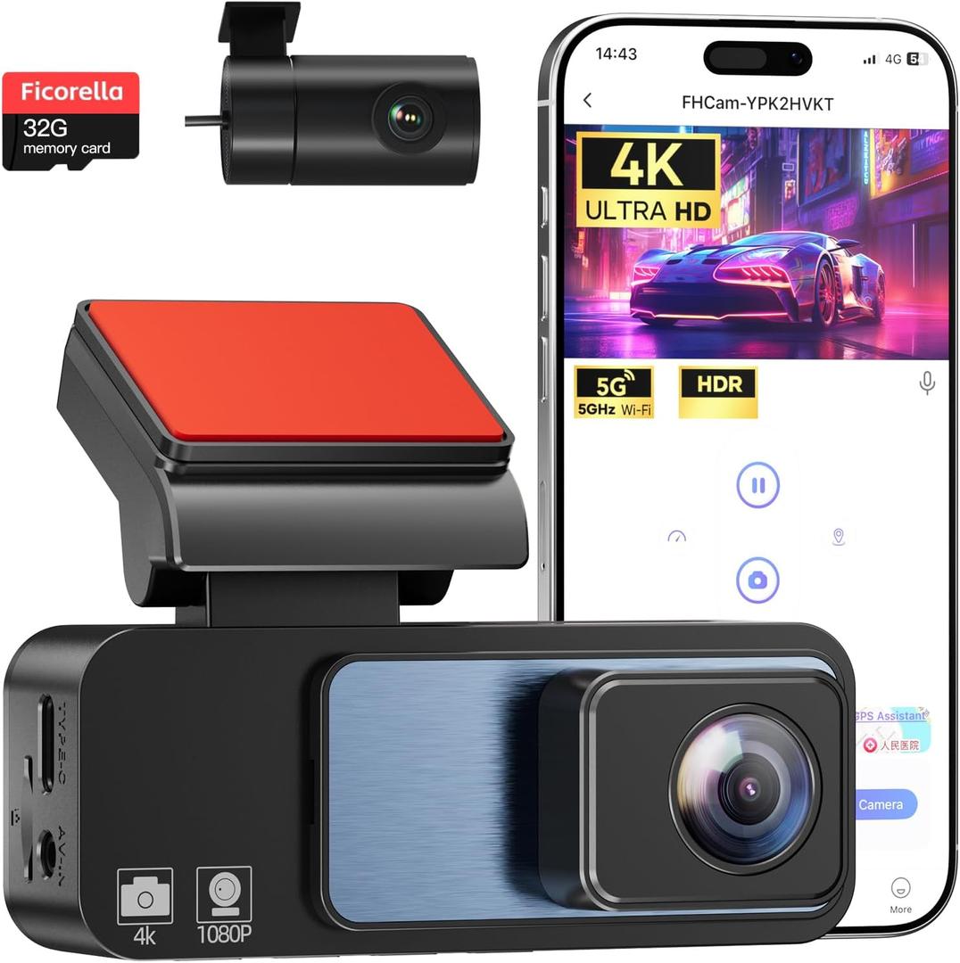 4K Dash Cam Front and Rear 3.2in HD Wireless Mounted Camera for Cars,Built-in 5GWiFi&G-Sensor,Super Night Vision,HDR, Loop Recording App Control 24 Hours Parking Monitor Included 32GB Card (Black)